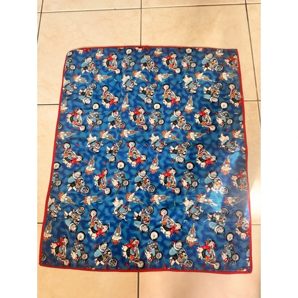 Vintage Handmade Blue Biker Pigs Hogs On Motorcycles Quilt Baby Kids 37x32